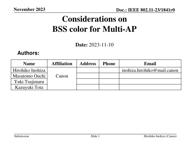 IEEE 802.11-23/1841r0 BSS Color Considerations for Multi-AP Networks