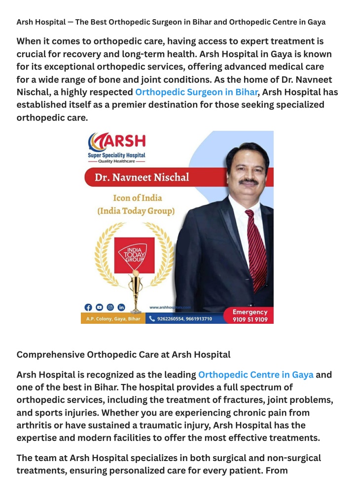 arsh hospital the best orthopedic surgeon n.w