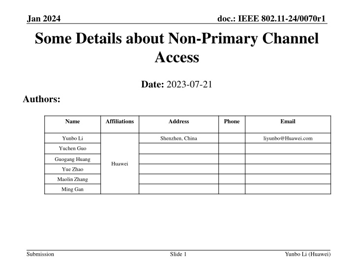 IEEE 802.11-24/0070r1 Presentation on Non-Primary Channel Access