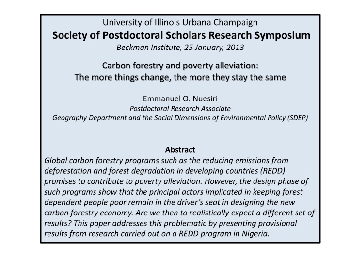 Carbon Forestry and Poverty Alleviation: The Case of REDD in Nigeria