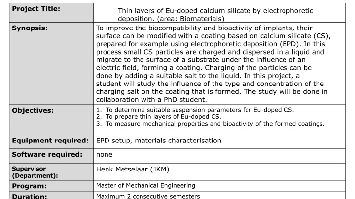 Surface Modification of Implants Using Calcium Silicate Coating