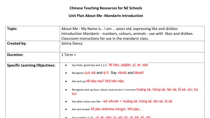 Mandarin Unit Plan: About Me - Teaching Resources for NZ Schools