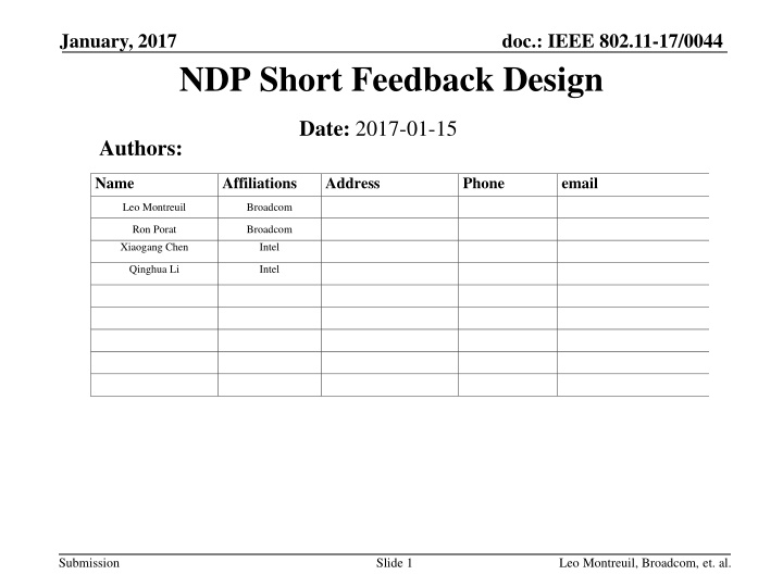 IEEE 802.11-17/0044 NDP Short Feedback Design