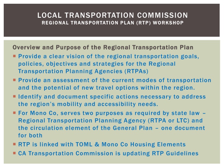 Regional Transportation Plan Workshop Overview and Elements