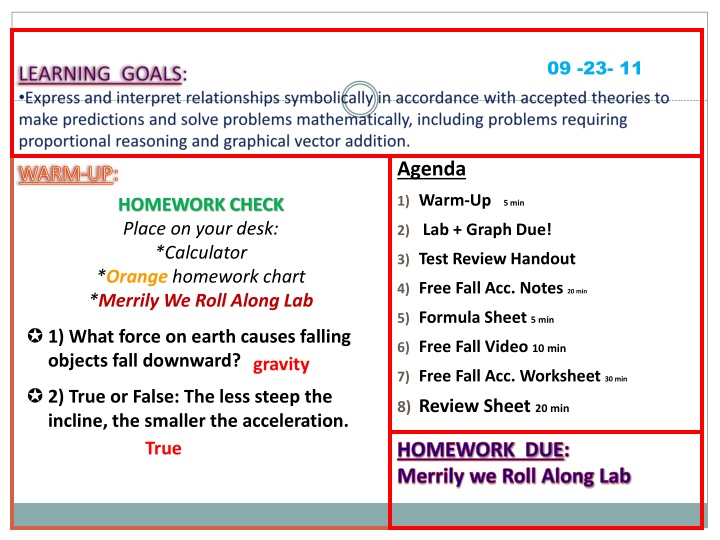 Free Fall Physics in Classroom Agenda