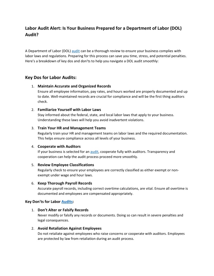labor audit alert is your business prepared n.w