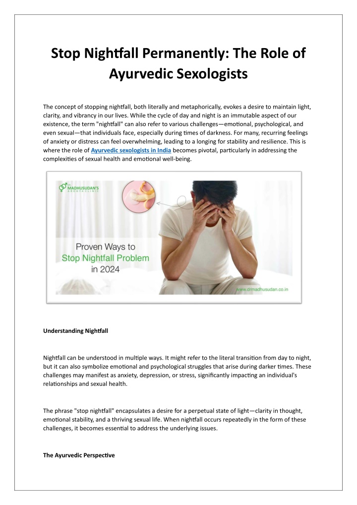 stop nightfall permanently the role of ayurvedic n.w