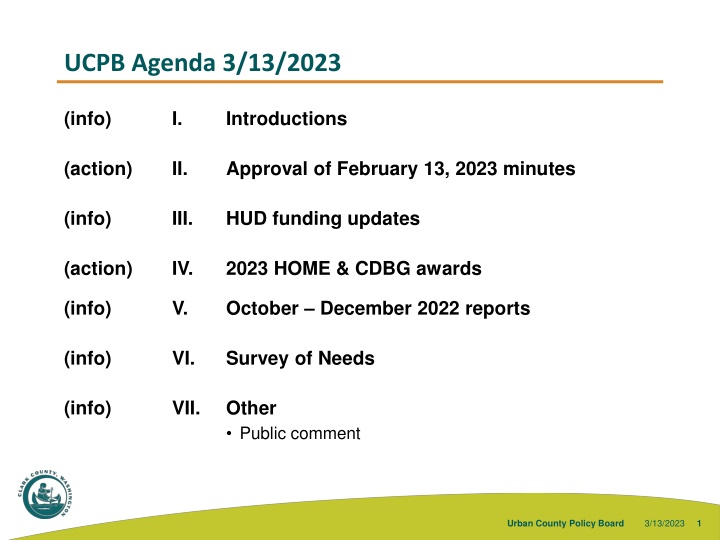 Urban County Policy Board Meeting Agenda - March 13, 2023
