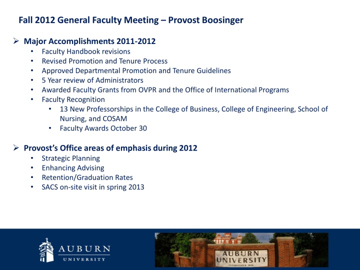 Fall 2012 General Faculty Meeting - Provost Boosinger's Major Accomplishments and Strategic Planning Focus