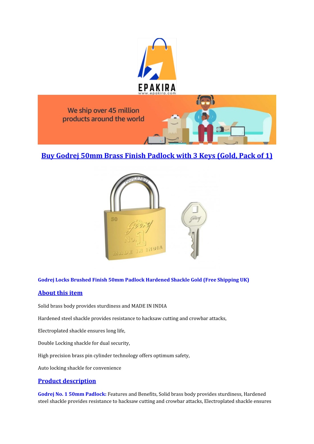 buy godrej 50mm brass finish padlock with 3 keys l.w