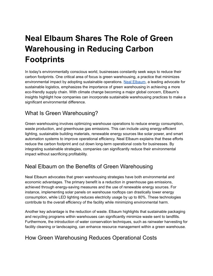 neal elbaum shares the role of green warehousing n.w