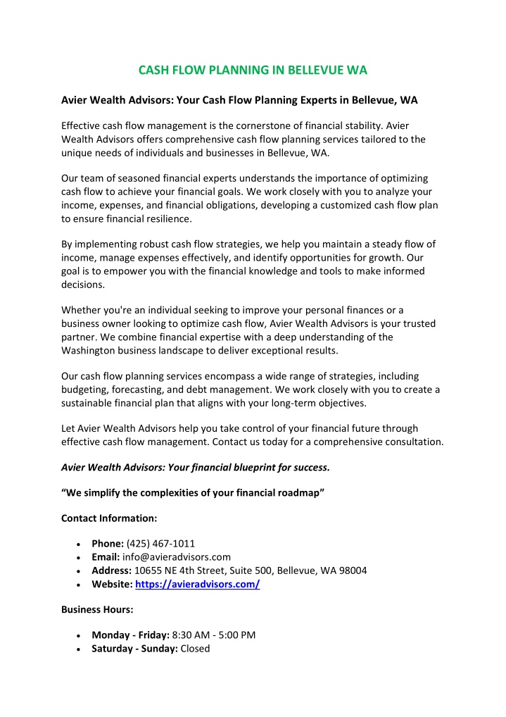 cash flow planning in bellevue wa n.w