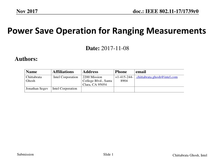 IEEE 802.11-17/1739r0 Power Save Operation for Ranging Measurements