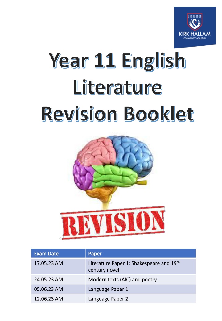 Year 11 English Literature Revision Schedule and Exam Dates