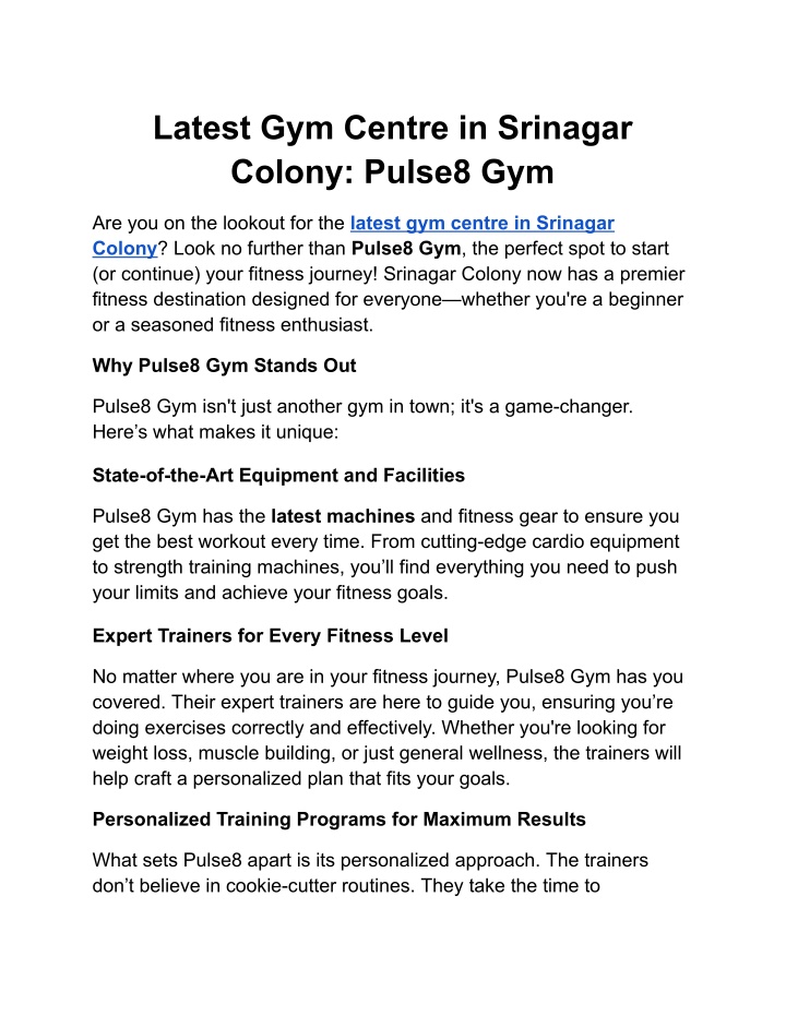 latest gym centre in srinagar colony pulse8 gym n.w