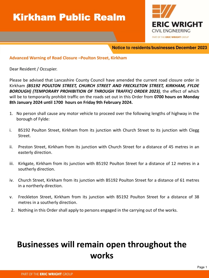 Road Closure Notice for Poulton Street, Kirkham - December 2023