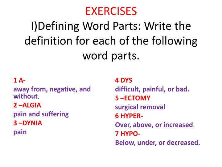 Medical Terminology Word Parts Definitions and Exercises