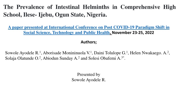 Prevalence of Intestinal Helminths in Comprehensive High School, Ilese-Ijebu, Ogun State, Nigeria