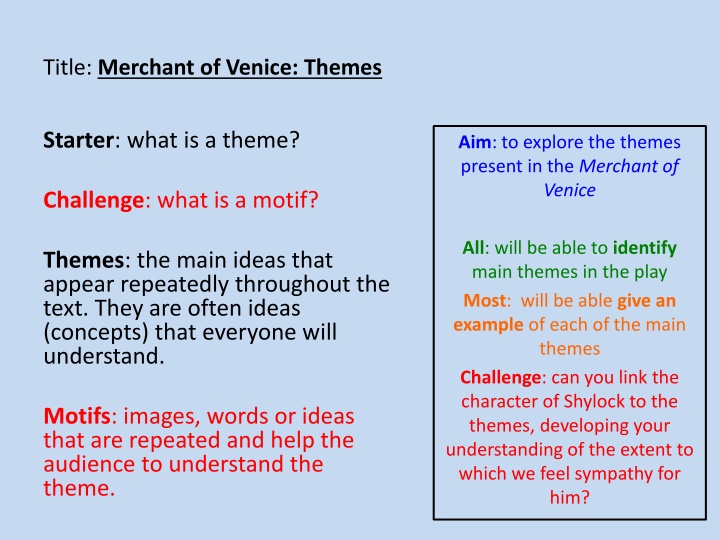 Main Themes and Sympathy for Shylock in The Merchant of Venice