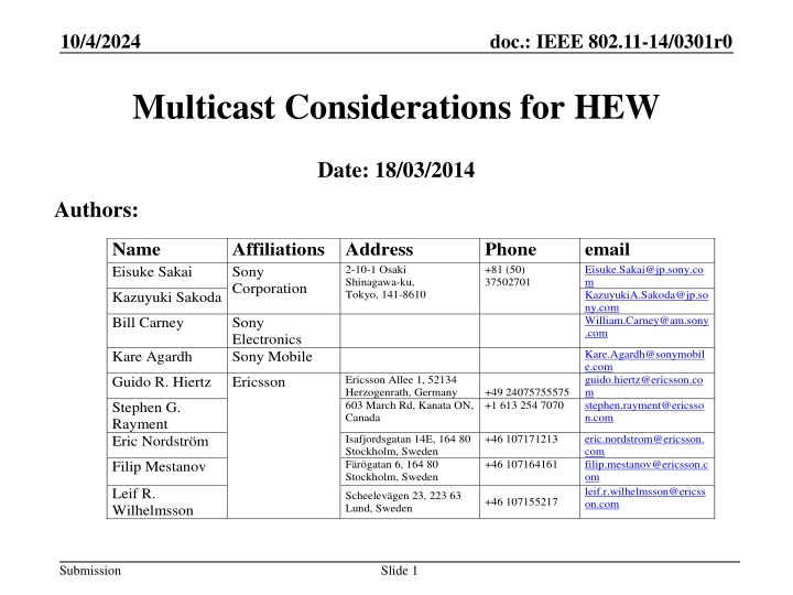 Multicast Considerations for High Efficiency Wireless (HEW) Networks