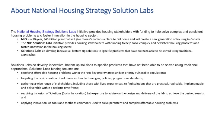 National Housing Strategy Solution Labs Overview