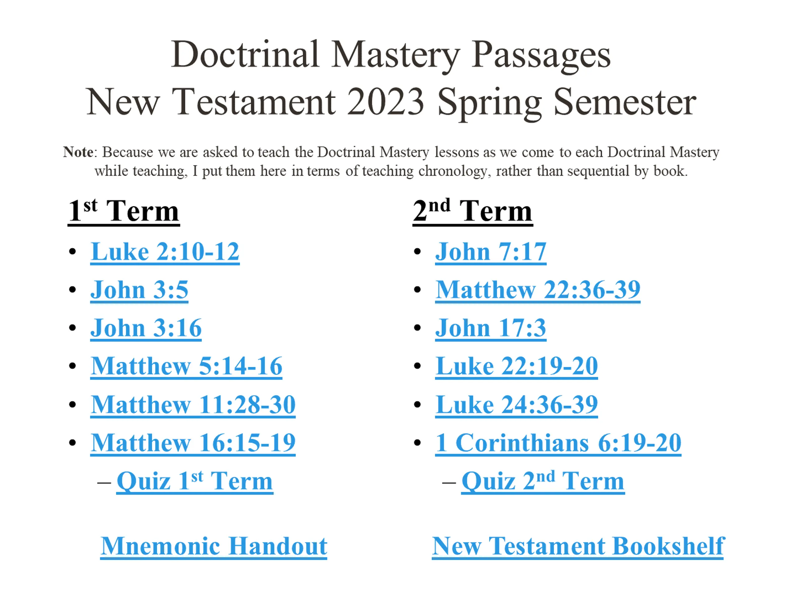 Doctrinal Mastery Passages New Testament 2023 Spring Semester