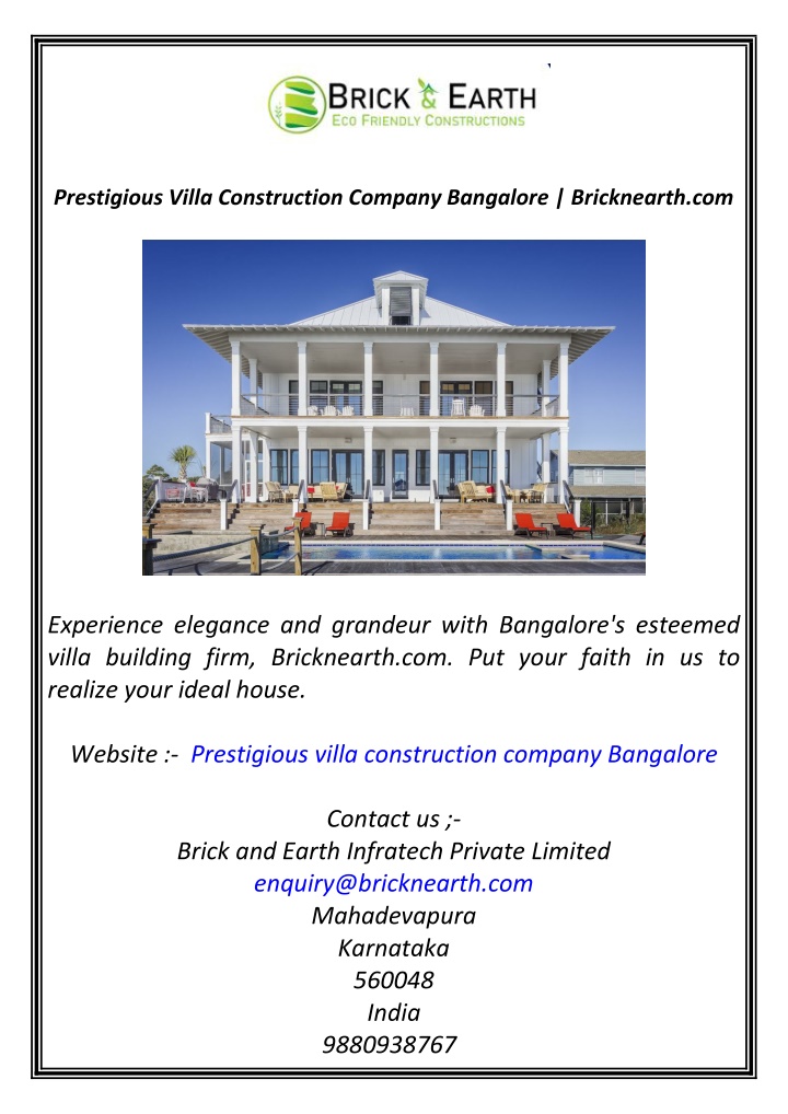 prestigious villa construction company bangalore n.w