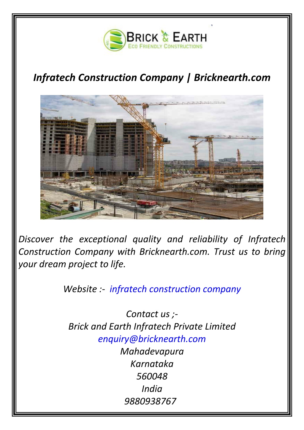 infratech construction company bricknearth com l.w