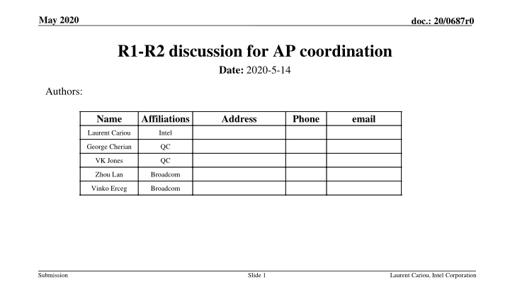 Proposal for Release 1/R2 Feature Split in Wireless AP Coordination