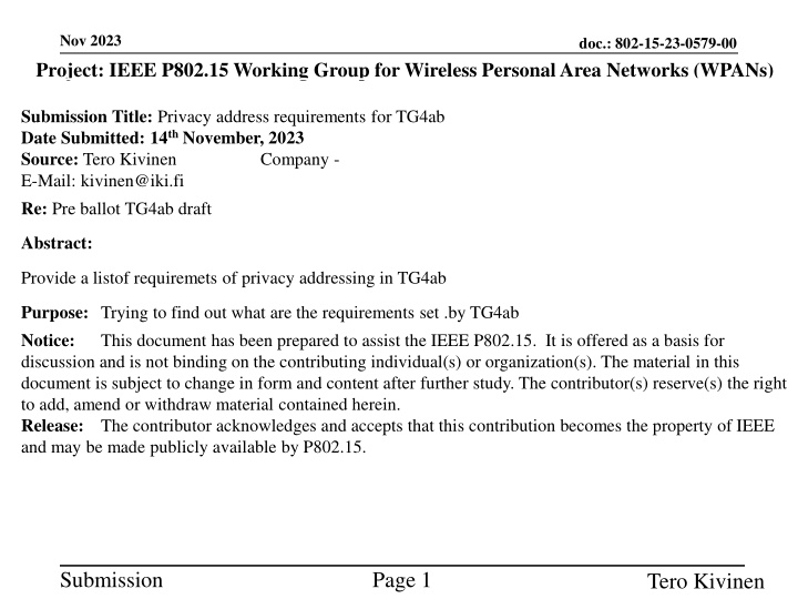 Privacy Address Requirements for Wireless Personal Area Networks