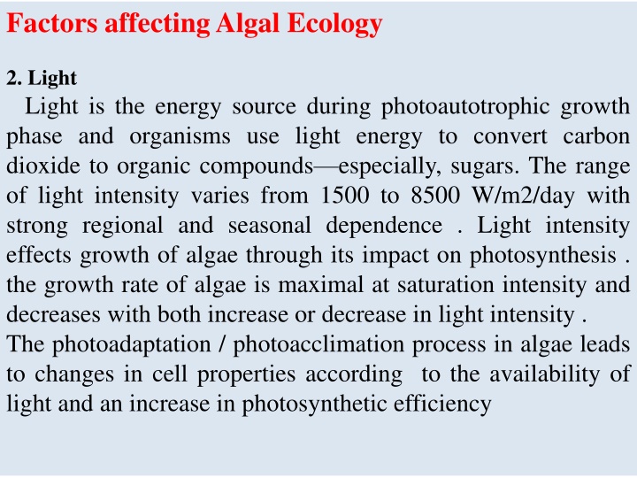 Factors Affecting Algal Ecology: Light Intensity Impacts on Algae Growth and Composition