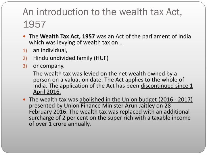 Introduction to Wealth Tax Act, 1957 in India