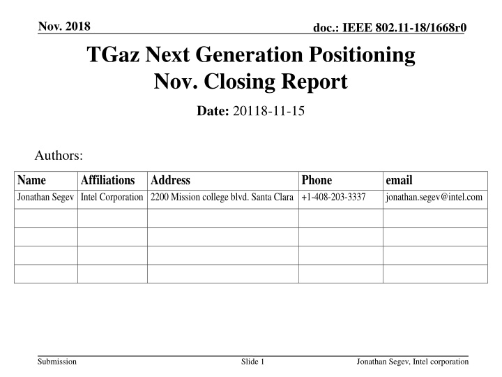 IEEE 802.11-18/1668r0 TGaz Next Generation Positioning Nov. Closing Report