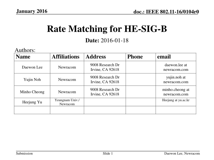 January 2016 IEEE 802.11-16/0104r0: Rate Matching for HE-SIG-B