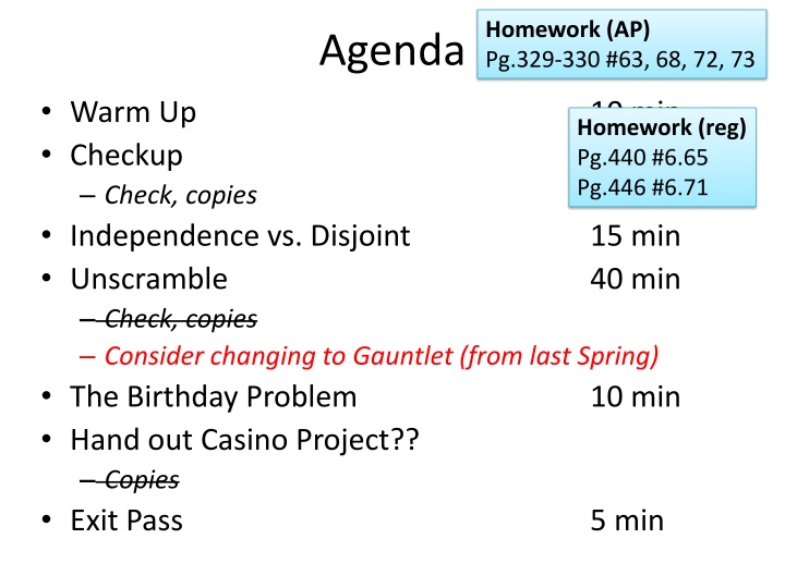 Statistics and Probability Homework Agenda