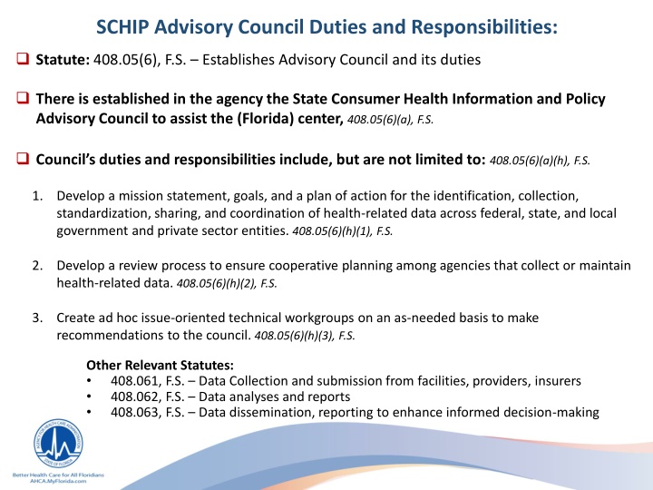 State of Florida SCHIP Advisory Council Duties and Responsibilities