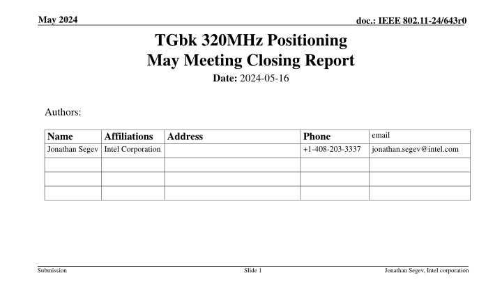 IEEE 802.11-24/643r0 TGbk 320MHz Positioning May Meeting Closing Report
