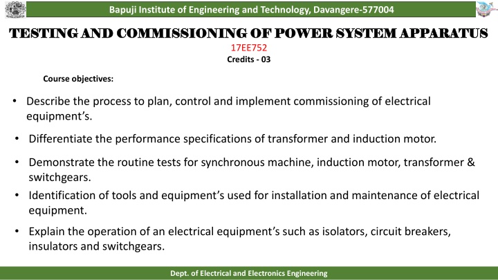Electrical Equipment Testing and Commissioning Course at Bapuji Institute