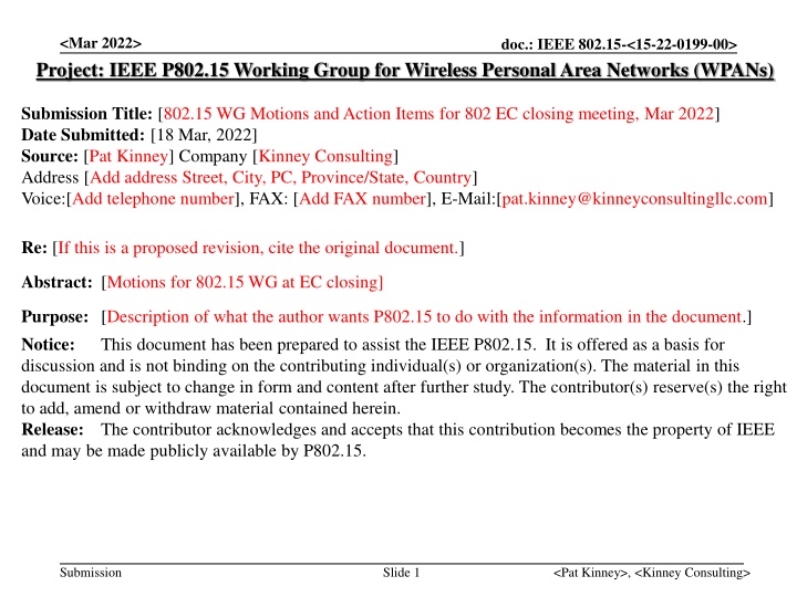 IEEE 802.15 WG Motions and Action Items for EC Closing Meeting, Mar. 2022