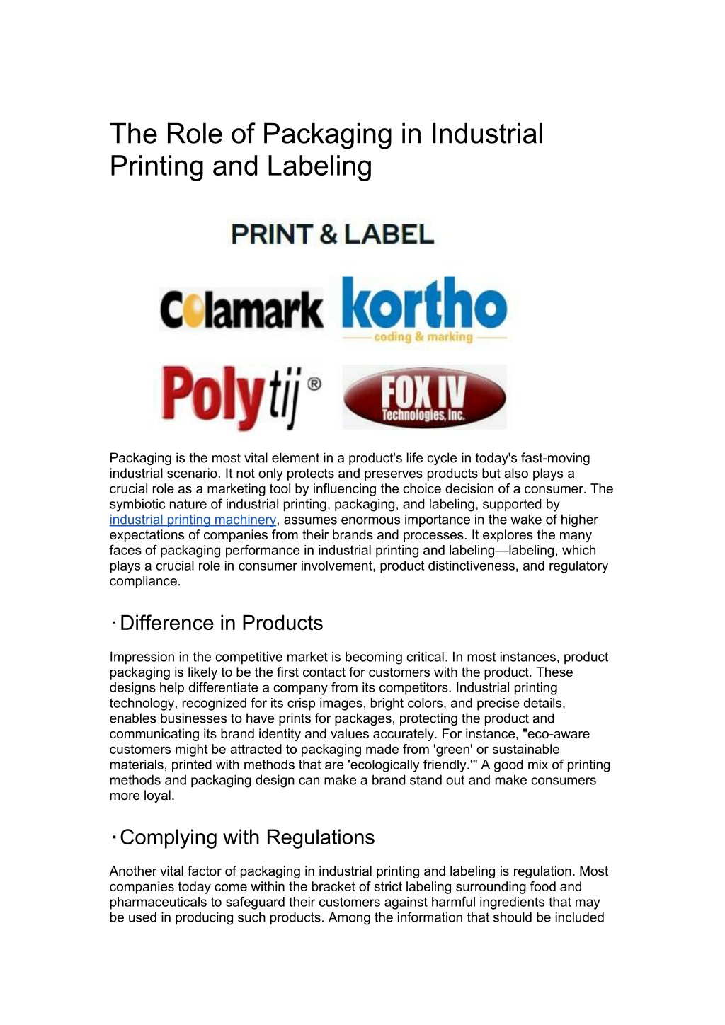 the role of packaging in industrial printing l.w