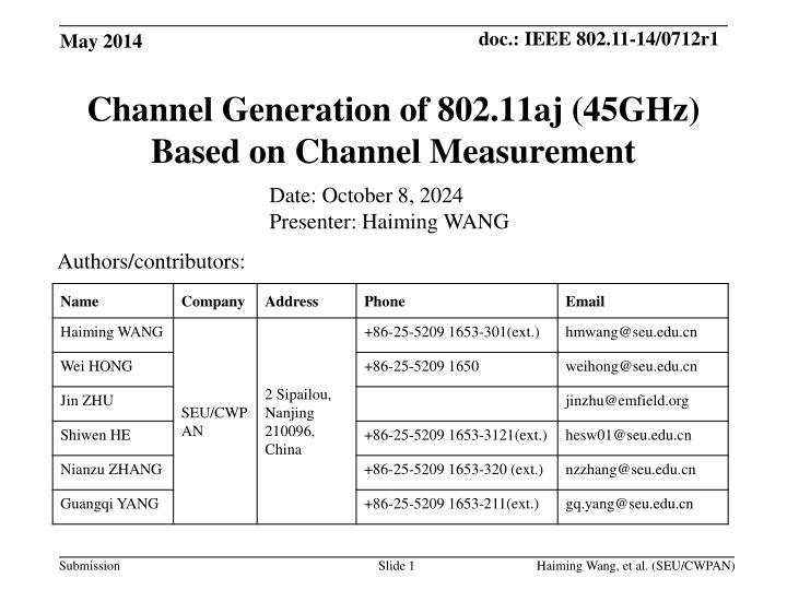 Channel Generation Process for IEEE 802.11aj (45GHz) Based on Channel Measurement