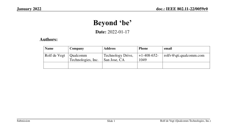 IEEE 802.11-22/0059r0 Submission for Next Generation MAC/PHY Standards