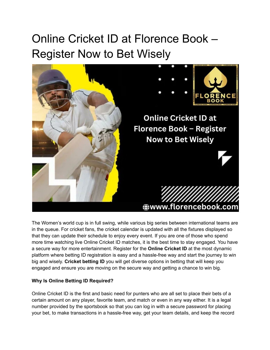 online cricket id at florence book register l.w