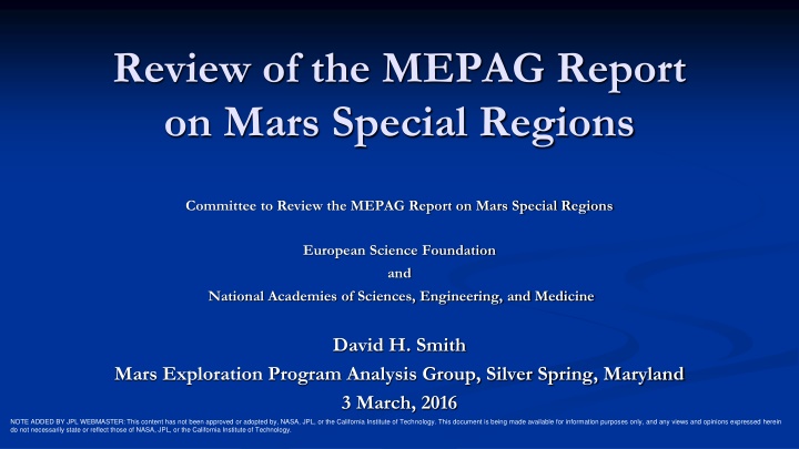 Review of MEPAG Report on Mars Special Regions Committee