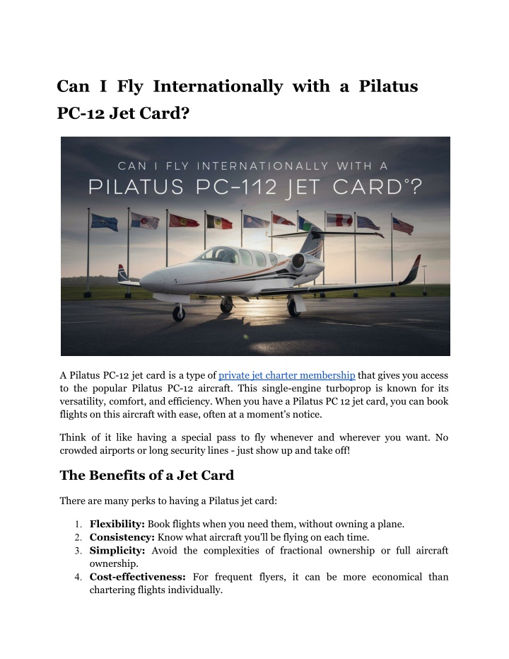 can i fly internationally with a pilatus n.w