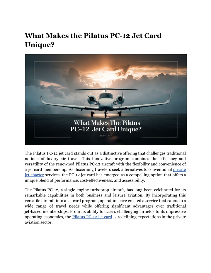what makes the pilatus pc 12 jet card unique n.w