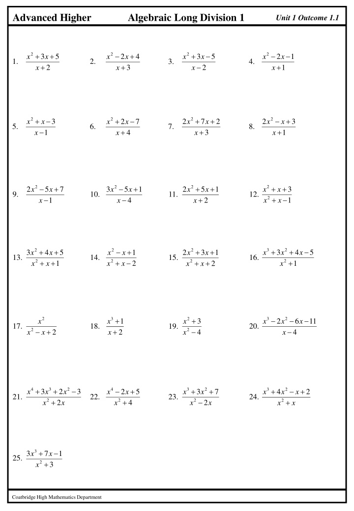 Advanced Higher Algebraic Long Division Unit 1