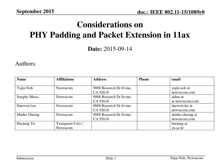 Considerations on PHY Padding and Packet Extension in 11ax