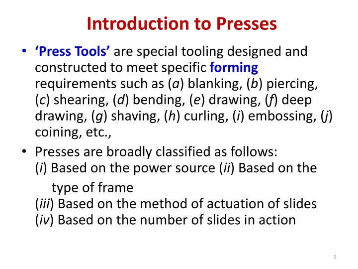 Introduction to Press Tools and Presses Classification