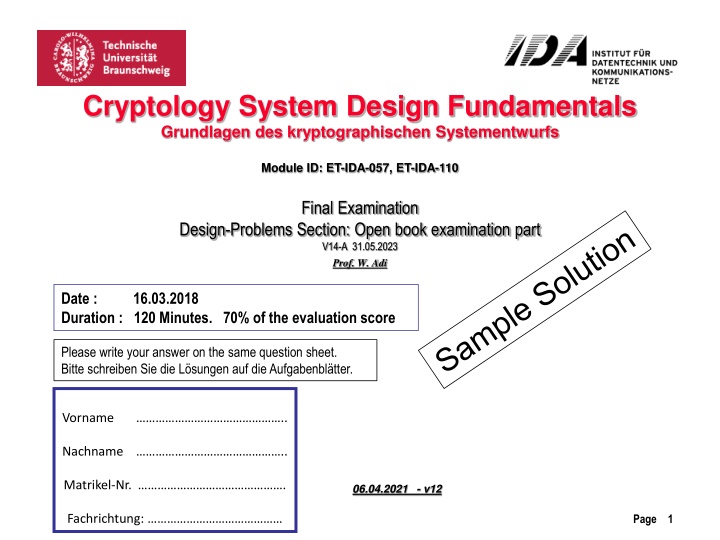 Cryptology System Design Fundamentals: ARSA Cryptosystem Examination Solutions